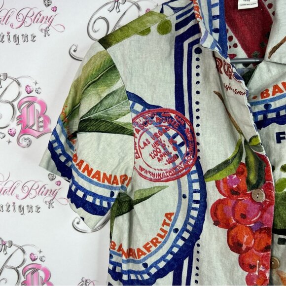 Rachel Zoe button up stamp style travel fruit food Multicolor Graphic Shirt - Picture 6 of 8